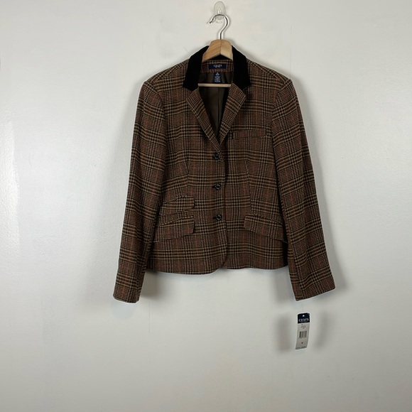 Chaps Wool Blend Womens 16 Riding Houndstooth Tweed 3 Pocket Button Down Blazer - Picture 1 of 9